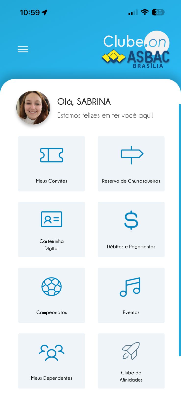 Tela inicial do aplicativo Clube.on para sócios de clubes