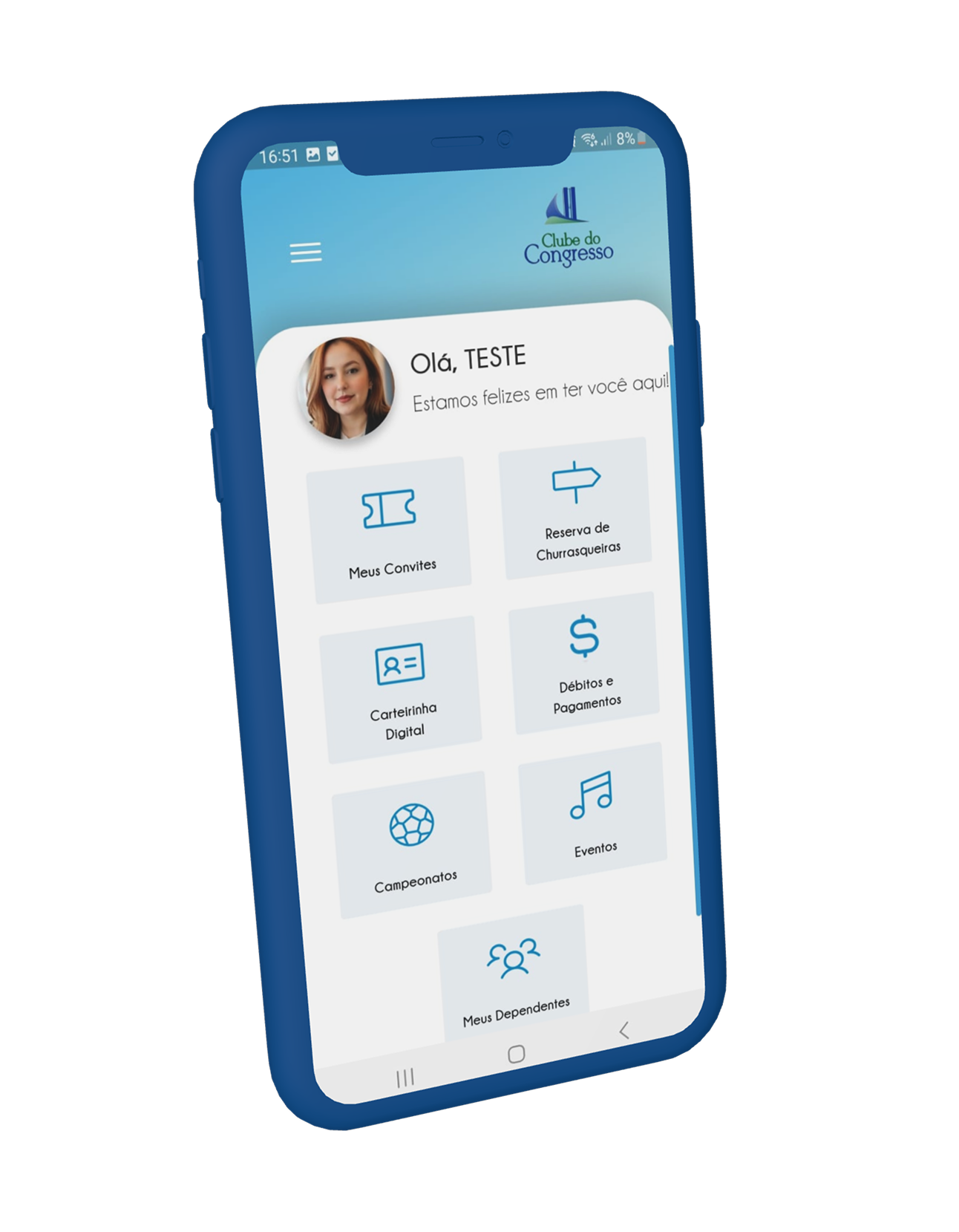 Aplicativo Clube.on para sócios exibido na tela de um smartphone